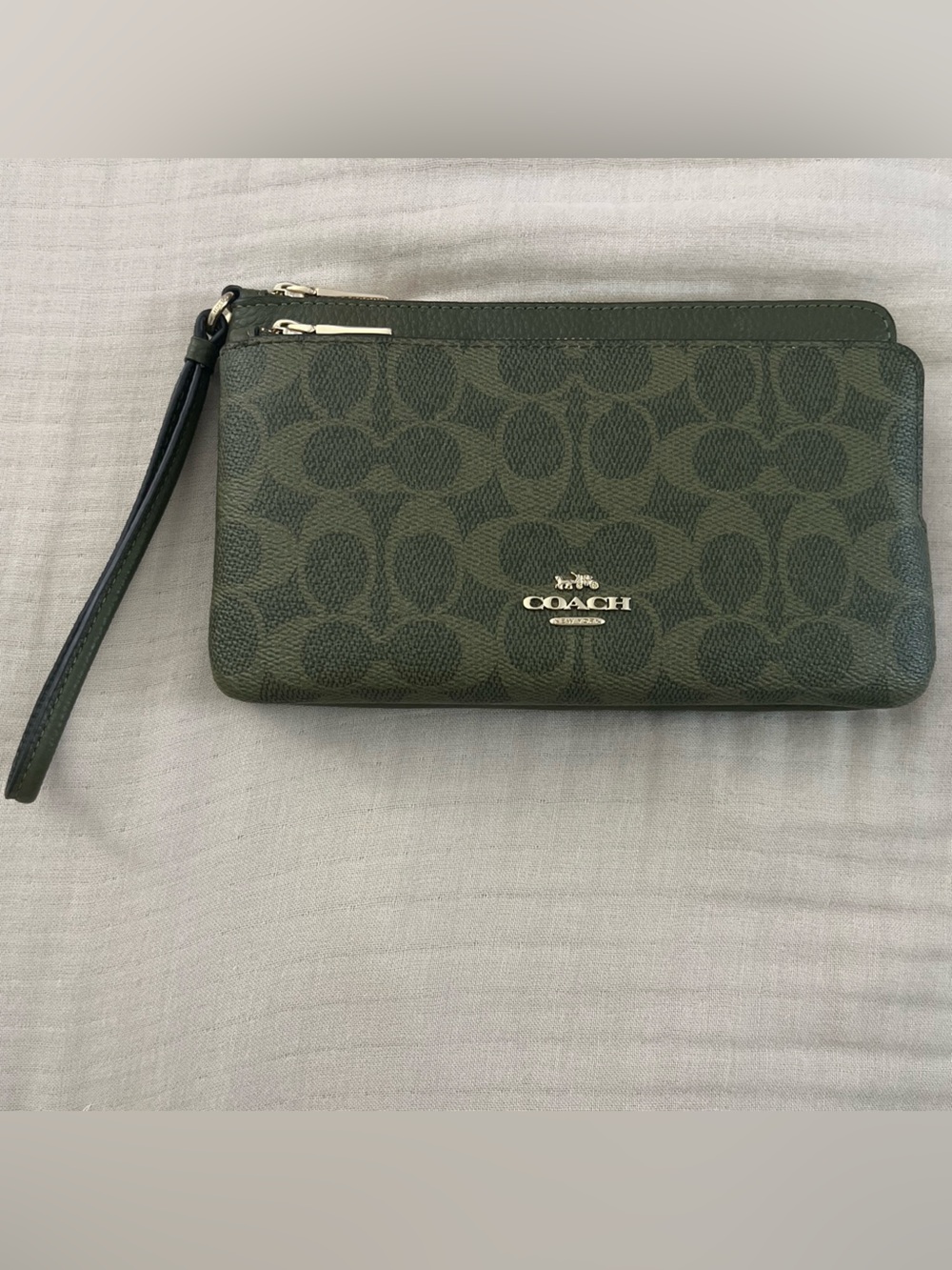 Coach Olive Green Signature Zip Wristlet with Gold Hardware
